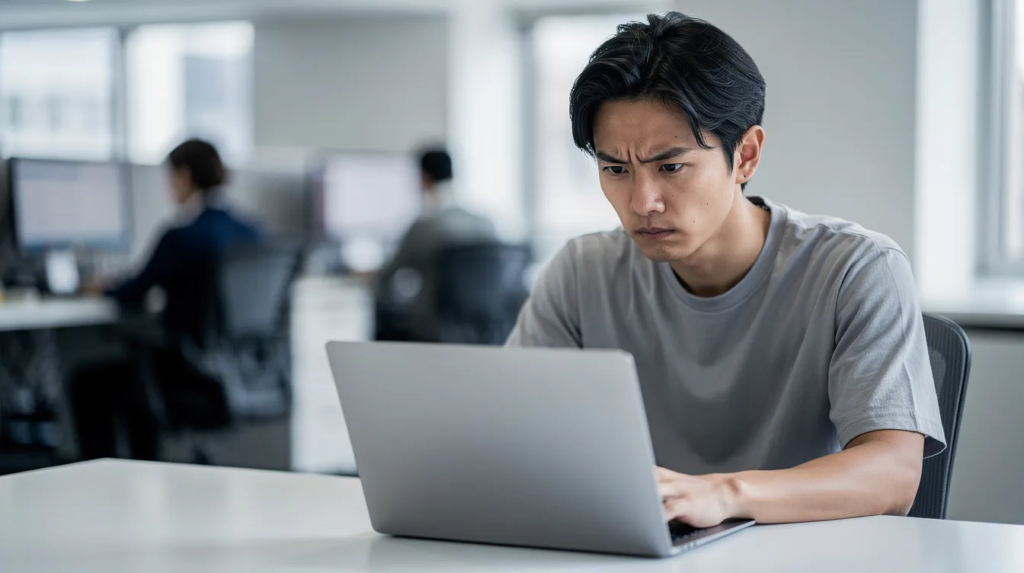 オフィスで真剣な表情を浮かべながらパソコンに向かう20代の男性が描かれています。彼の姿は、発達障害や自閉症スペクトラム障害の特性を持つ方々が日常生活で直面する困難さや生きづらさを象徴しています。